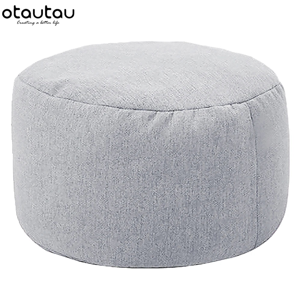 Round Linen Pouf Ottoman – Bean Bag Footstool Floor Cushion