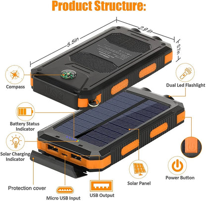 Solar Power Bank 80000mAh Portable Charger with LED Flashlight & Carabiner