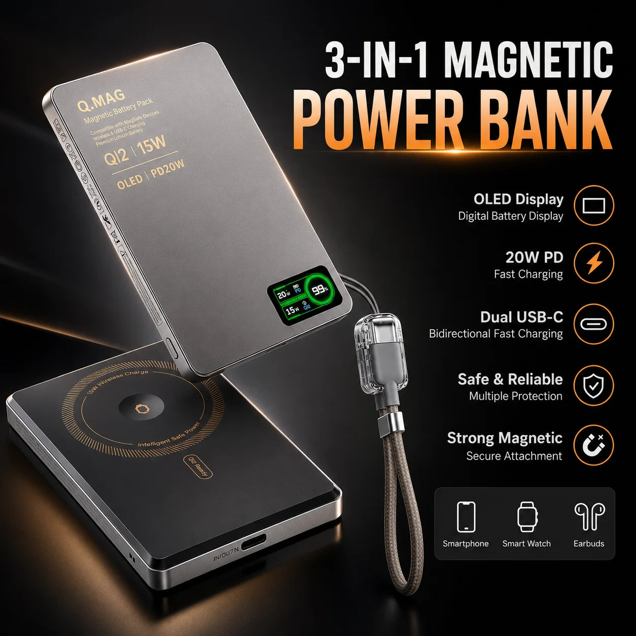 3-in-1 Magnetic Power Bank with Wireless Charging | 5000mAh & 10000mAh