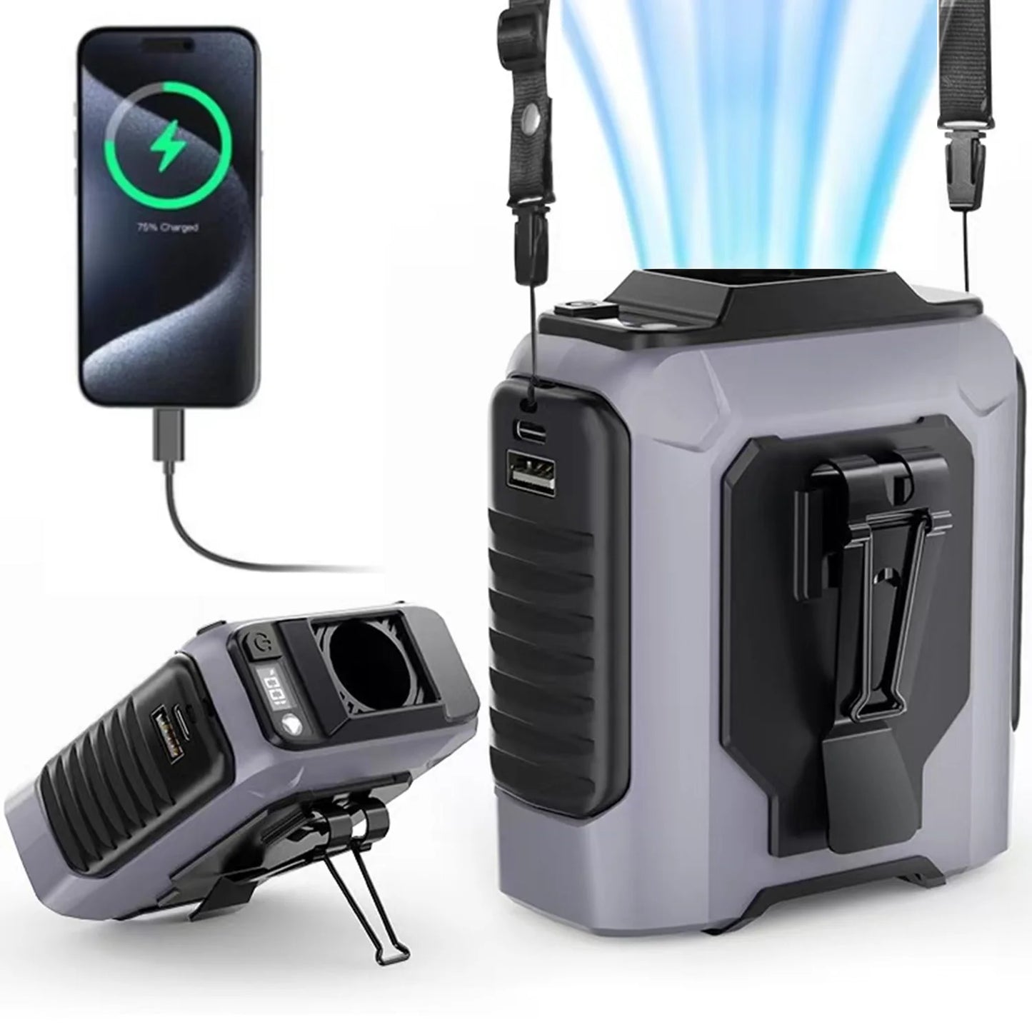 Waist Clip Fan Portable Hands-Free Fan with Power Bank & LED
