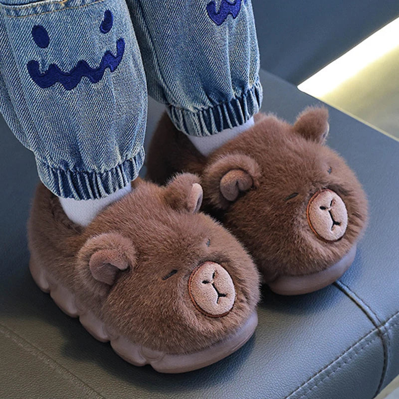Kids Capybara Plush Slippers – Warm Non-Slip Winter House Shoes