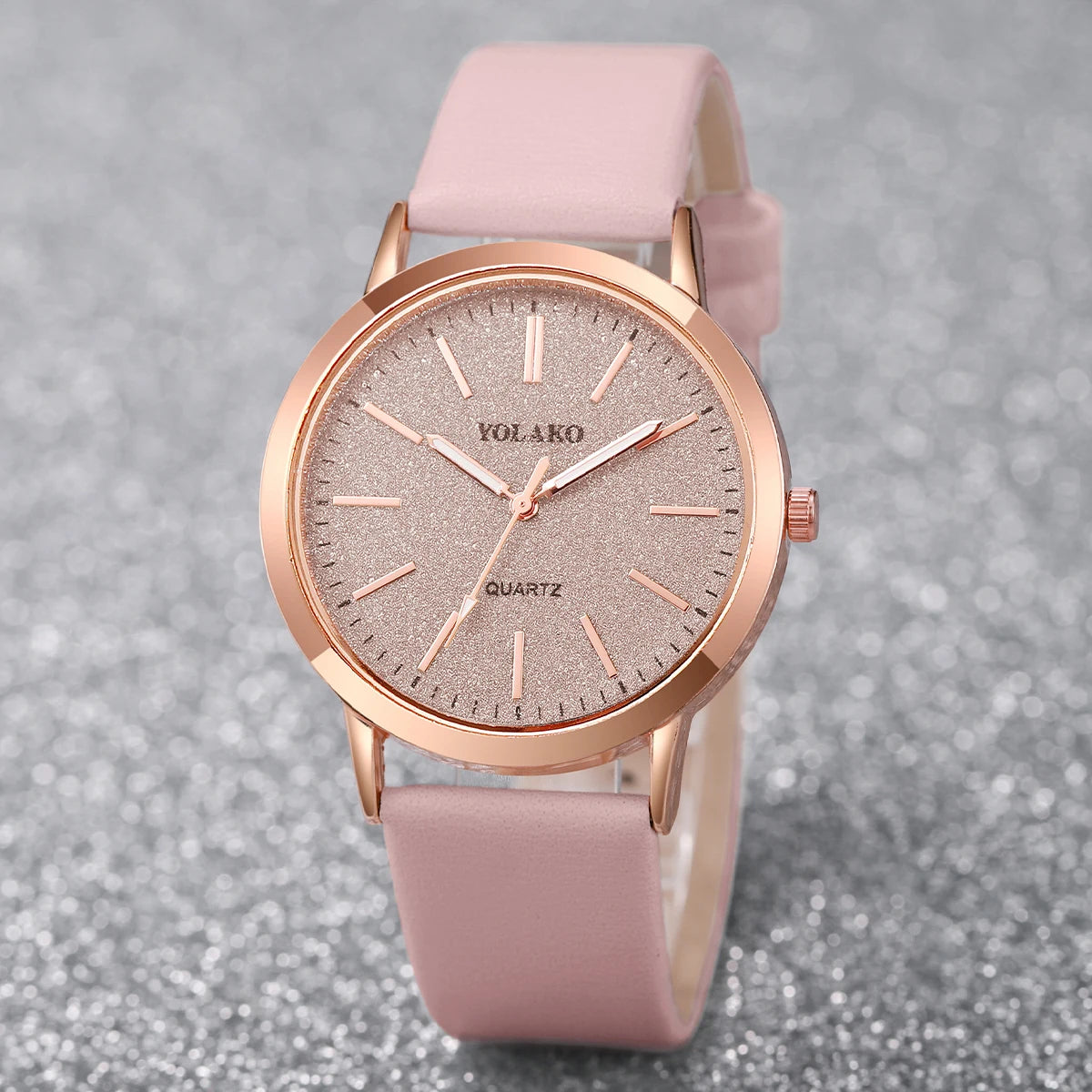 Women's Quartz Watch with Matte Glitter Dial & Leather Band