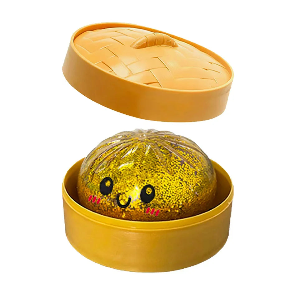 Glitter Dumpling Squishy Toy – Cute Sensory Squeeze Stress Relief Ball in Steamer Box