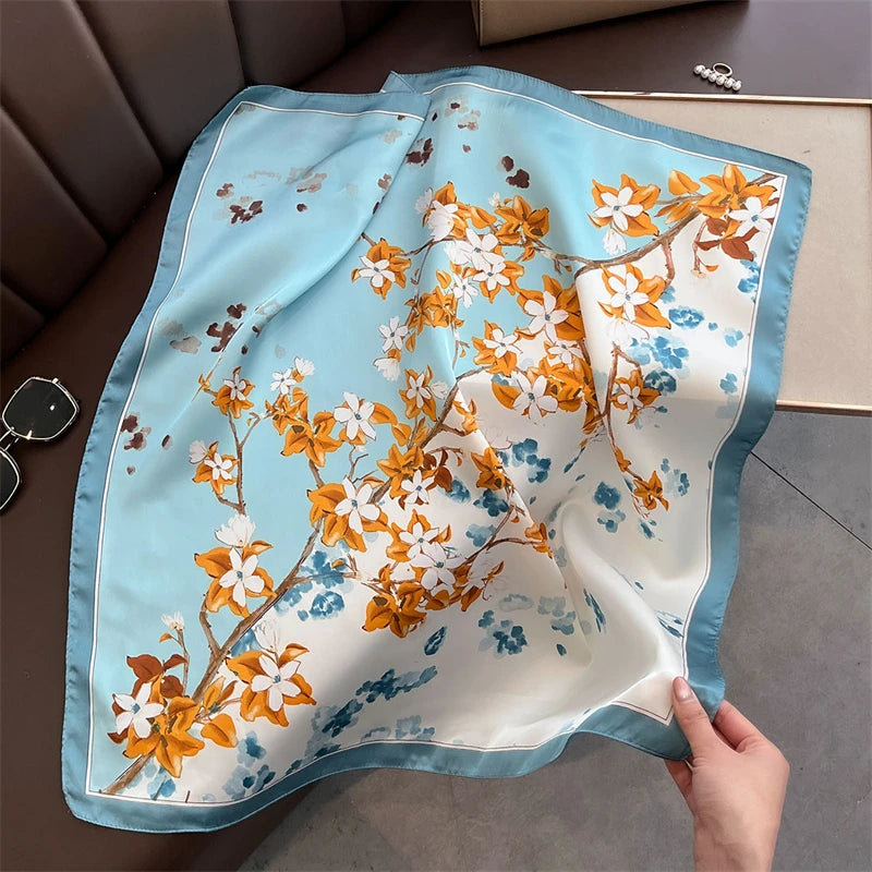 Satin Square Scarf Women Cute Cat Print Headscarf Neckerchief