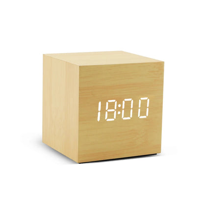 Wooden LED Digital Alarm Clock – Voice Control, Temp & Humidity