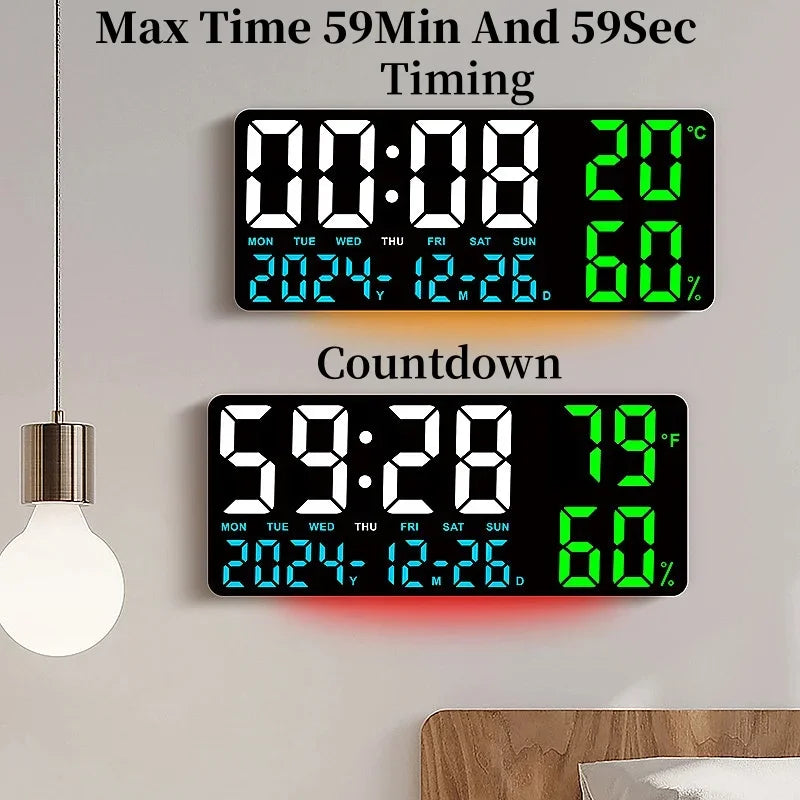 Large LED Digital Wall Clock with 7-Color Mood Light & Dual Alarm