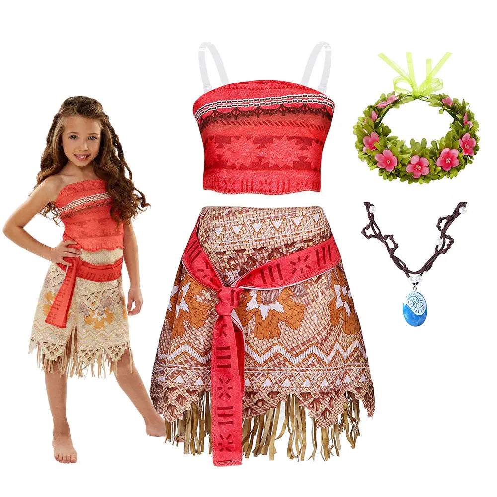 Moana Girls Costume Polynesian Princess Two-Piece Dress Up Set