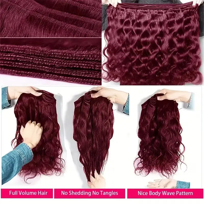 99J Burgundy Body Wave Human Hair Bundles 3 & 4 Pcs Raw Unprocessed