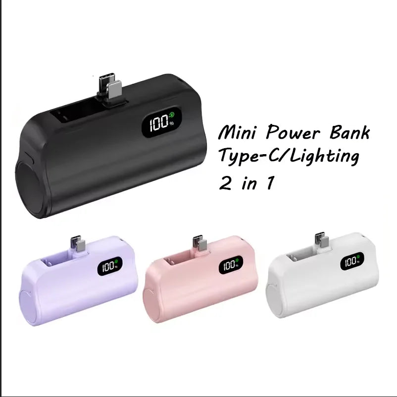 Mini Capsule Power Bank 5000mAh Plug-in Portable Charger for iPhone & USB-C