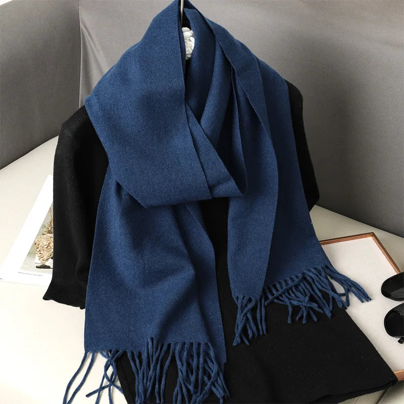 Women's Solid Cashmere Winter Scarf with Tassels – Warm Shawl Pashmina