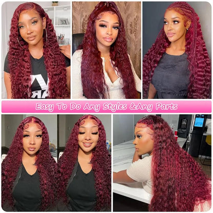 Burgundy 99J Deep Wave Lace Front Wig Human Hair 13x4
