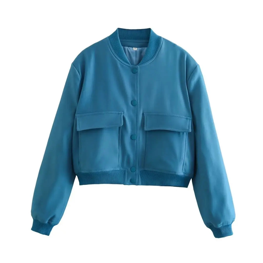 Women's Bomber Jacket with Pockets – Single Breasted Long Sleeve Coat