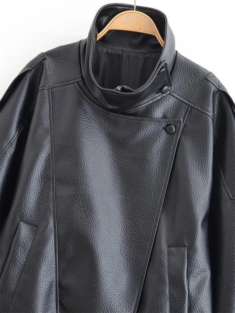 Women's Faux Leather Moto Jacket – Pebble Texture Autumn Coat