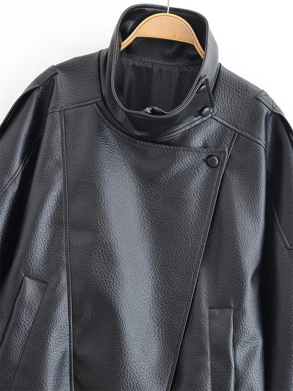 Women's Faux Leather Moto Jacket – Pebble Texture Autumn Coat