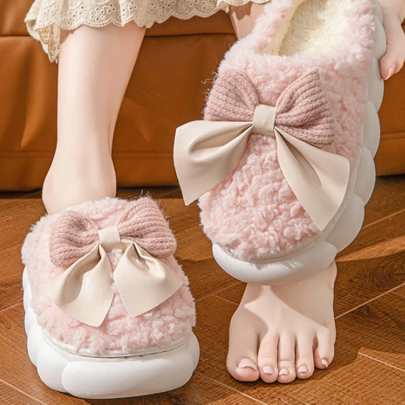 Women's Fur Slippers with Bow – Cozy Indoor House Shoes