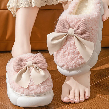 Women's Fur Slippers with Bow – Cozy Indoor House Shoes
