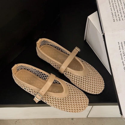 Women's Breathable Mesh Mary Jane Flats – Buckle Strap Casual Shoes