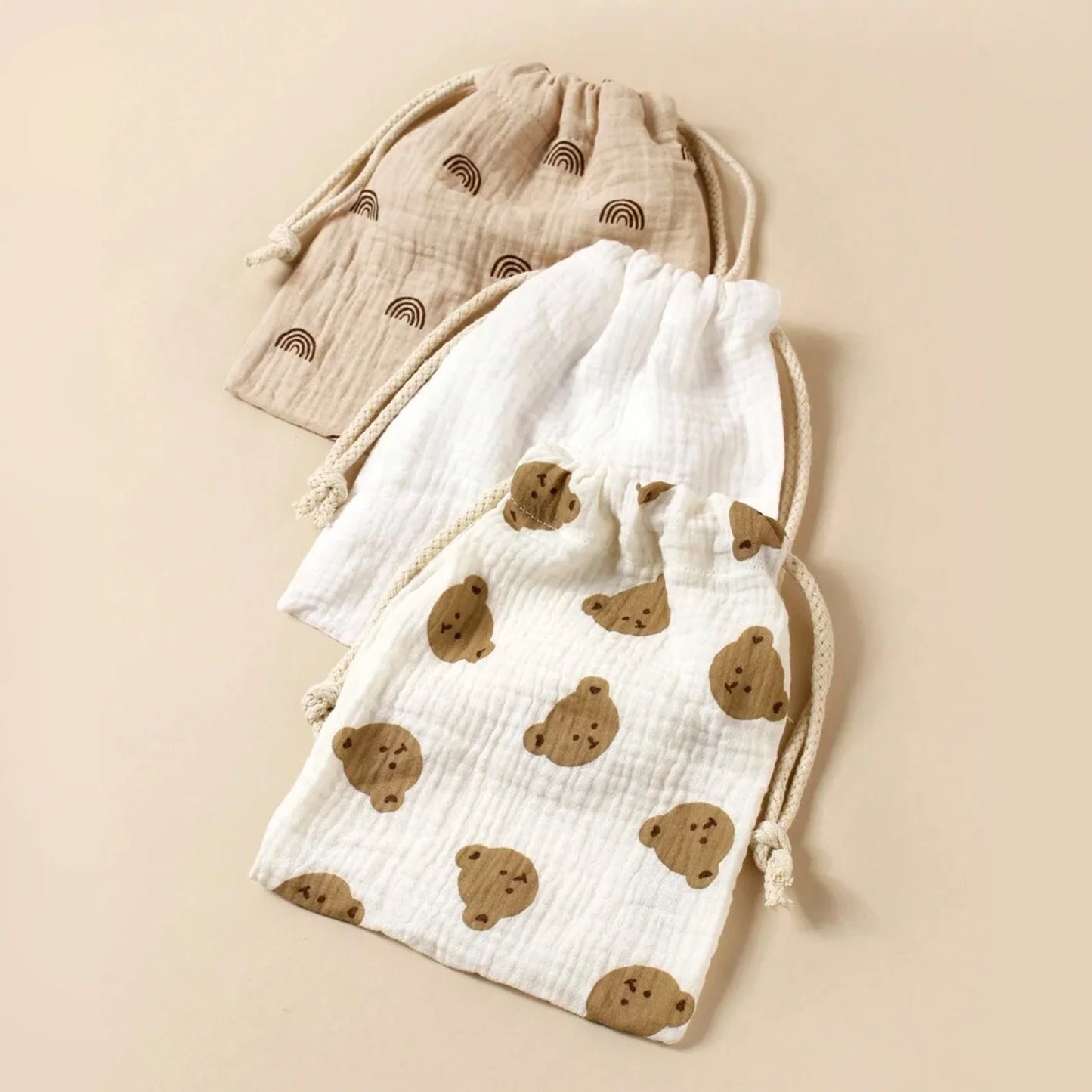 3-Pack Muslin Drawstring Storage Pouches – Baby Stroller Organizer Bags