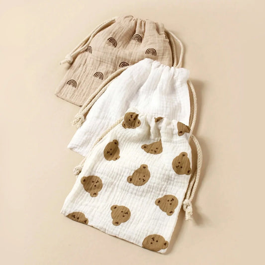 3-Pack Muslin Drawstring Storage Pouches – Baby Stroller Organizer Bags