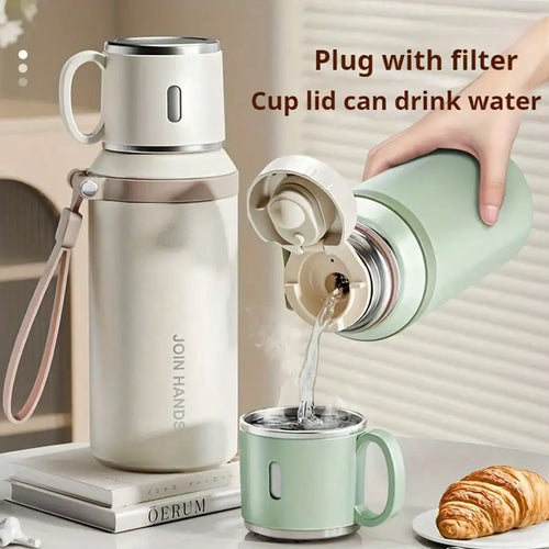 Vacuum Insulated Thermal Water Bottle with Cup Lid & Carry Strap – 600ml