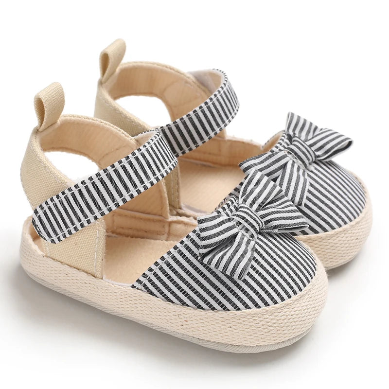 Baby Girl Bow Canvas Sandals – Soft Sole Striped Flats