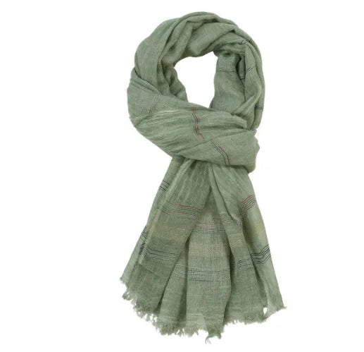 Men's Cotton Linen Striped Scarf with Tassels – Long Shawl Wrap