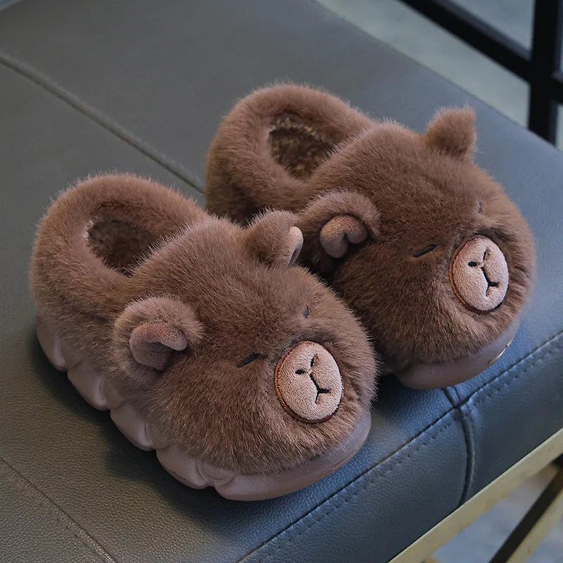 Kids Capybara Plush Slippers – Warm Non-Slip Winter House Shoes
