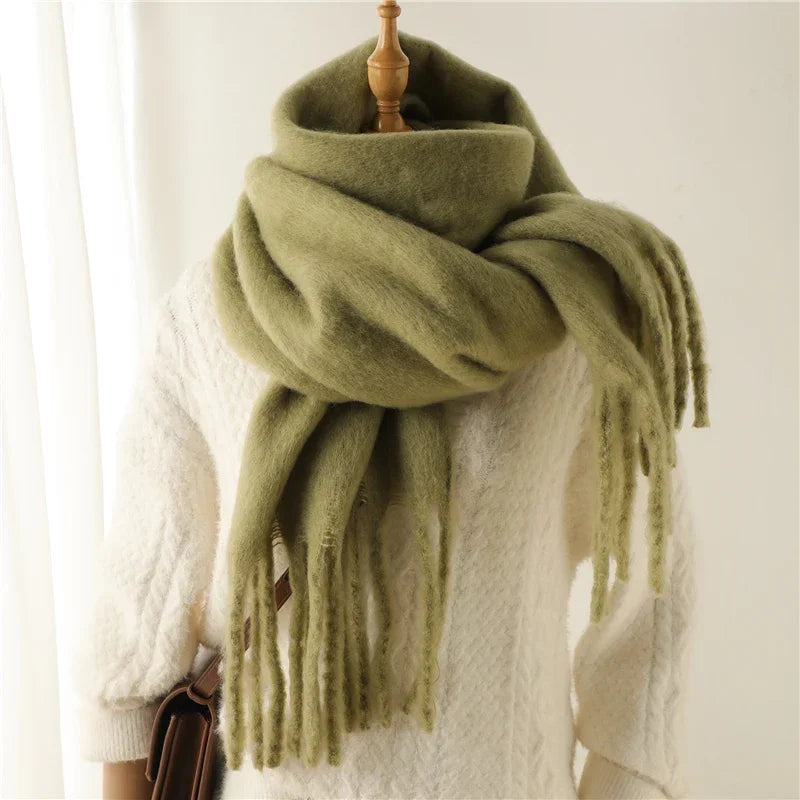 Thick Cashmere Winter Scarf for Women – Solid Blanket Wrap with Tassel