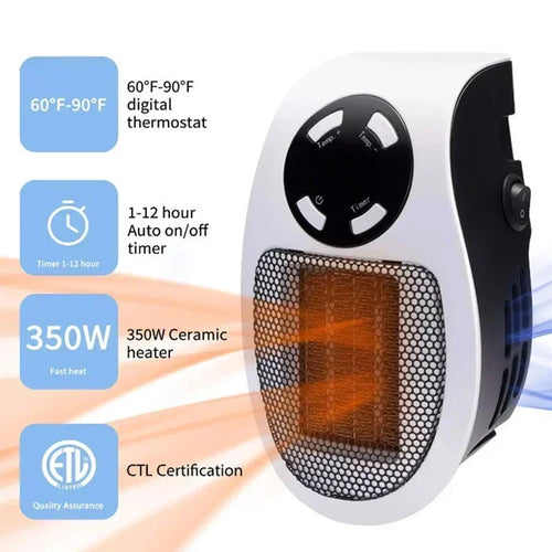 Portable Electric Space Heater with Remote – Wall Plug-In Mini Warm Air Blower