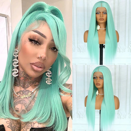 Blue Long Straight Synthetic Lace Front Wig 28 Inch 180% Density