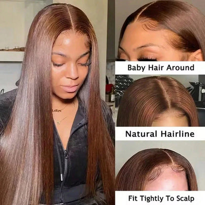 Chocolate Brown 13x4 Lace Front Human Hair Wig – Straight, Pre-Plucked, 16–34 Inch