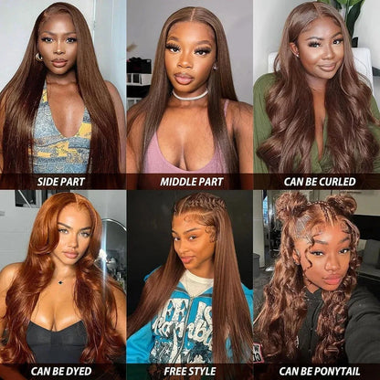 Chocolate Brown 13x4 Lace Front Human Hair Wig – Straight, Pre-Plucked, 16–34 Inch