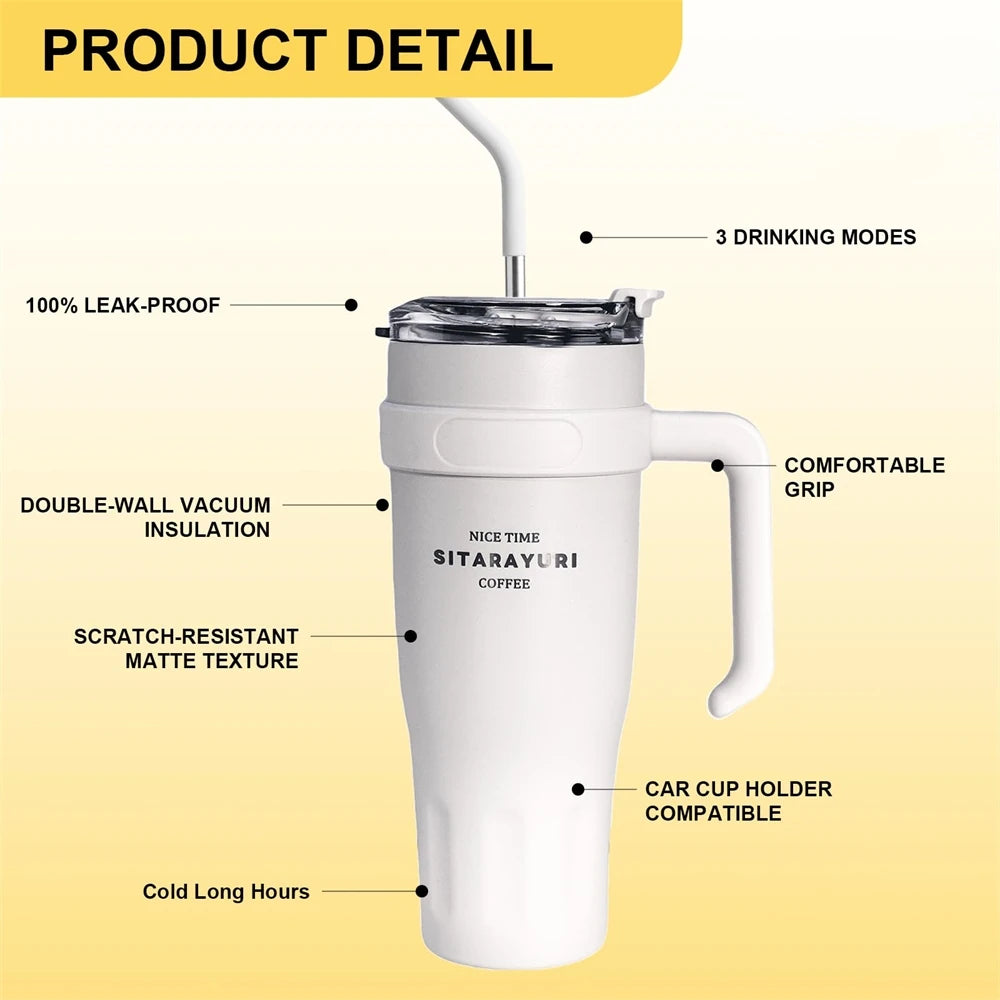 Insulated Tumbler with Handle & Straw – 38.5oz Stainless Steel