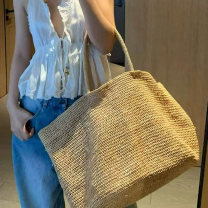 Large Handwoven Rattan Tote Bag – Women's Straw Beach Handbag