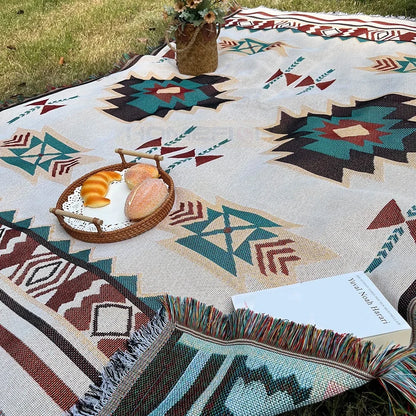 Aztec Boho Throw Blanket with Fringe – Southwestern Woven Tapestry, 2 Colors