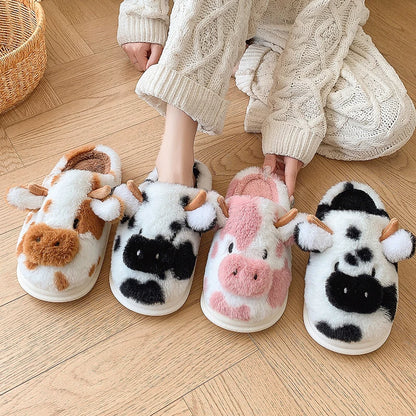 Cute Cow Fluffy Slippers for Women – Cozy Plush House Shoes
