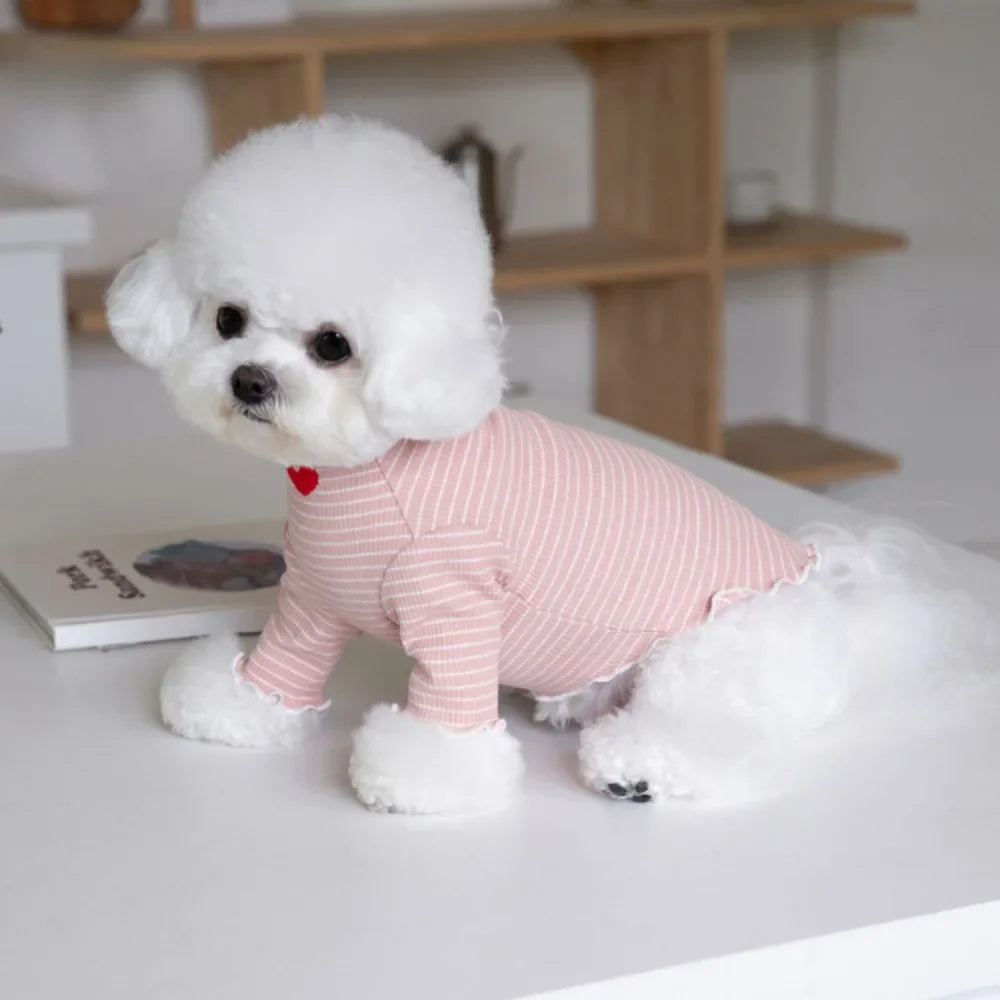 Love Heart Embroidered Pet Shirt – Striped Dog & Cat Top