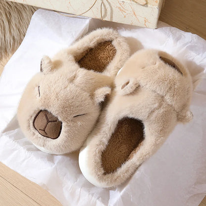 Capybara Cotton Slippers – Warm Fur Indoor Slides for Men & Women