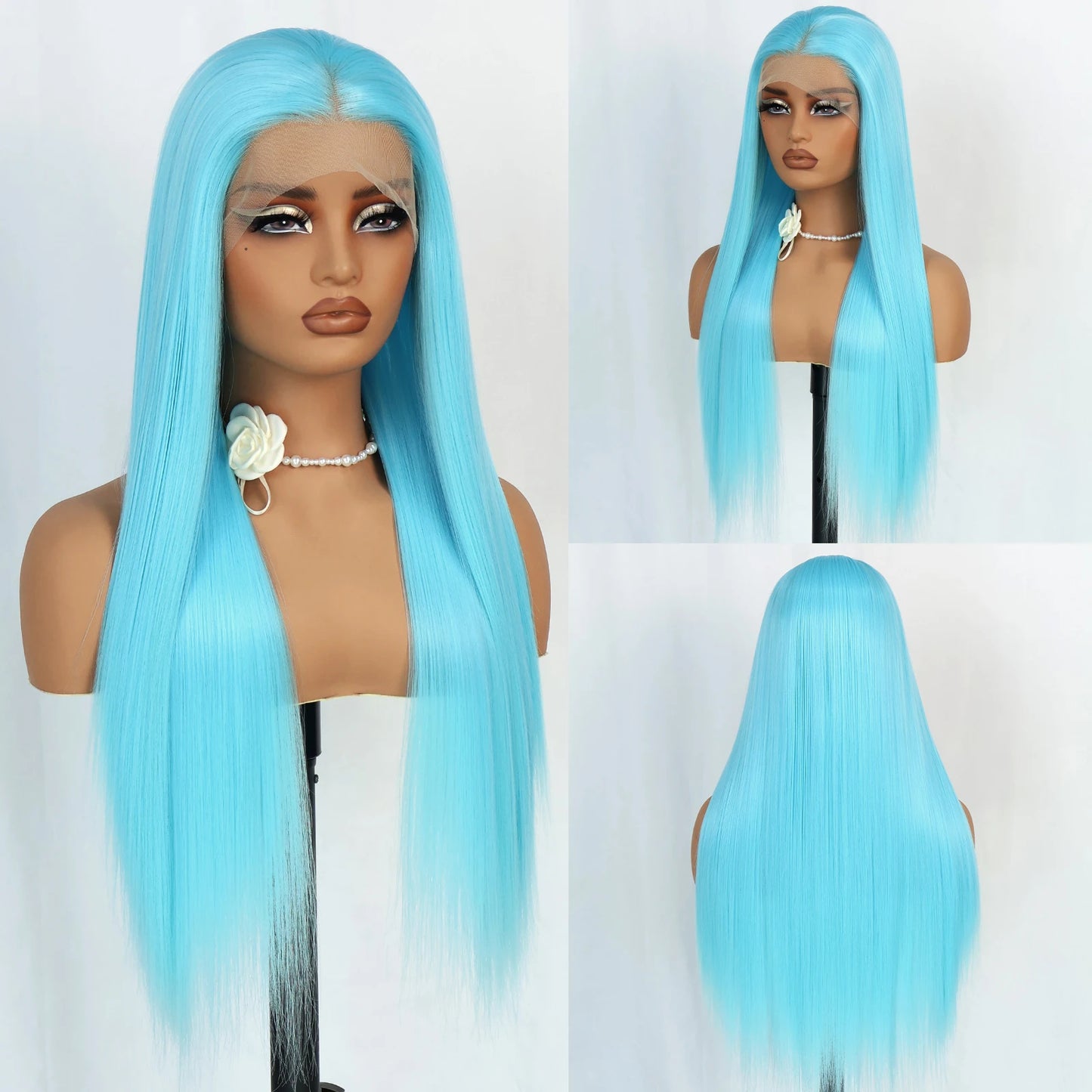 Blue Long Straight Synthetic Lace Front Wig 28 Inch 180% Density