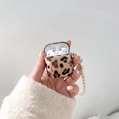 Leopard Print AirPods Case with Pearl Chain – Glossy Protective Cover for AirPods 1/2/3 & Pro