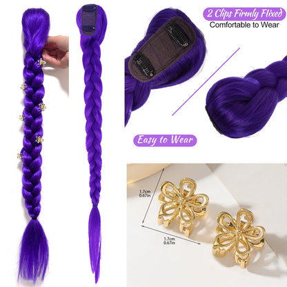Purple Braided Clip-In Ponytail Hair Extension 26 Inch – Long Hairpiece for Kids & Cosplay