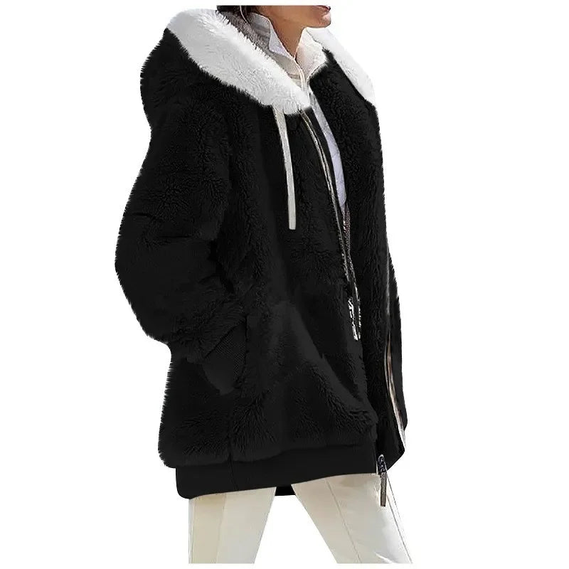Women's Fleece Hooded Zip-Up Coat – Casual Warm Jacket for Fall & Winter