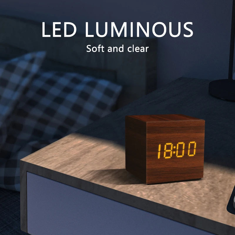Wooden LED Digital Alarm Clock – Voice Control, Temperature & Humidity Display