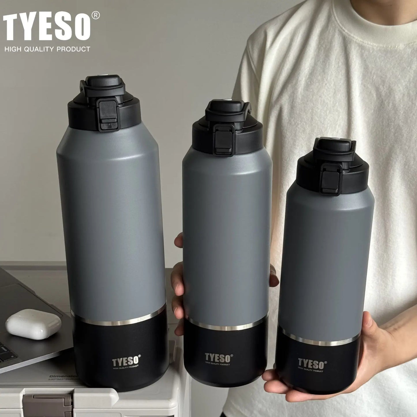 TYESO Vacuum Insulated Sports Water Bottle – Large Capacity