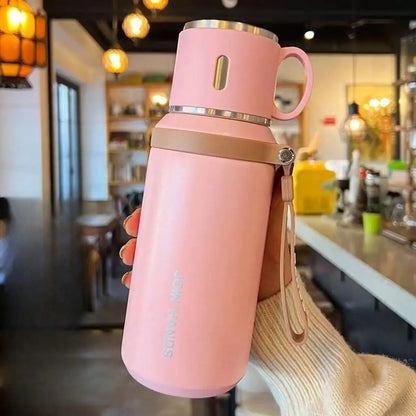 Vacuum Insulated Thermal Water Bottle with Cup Lid & Carry Strap – 600ml