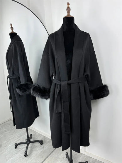 Women's Wool Coat with Fox Fur Cuffs & Belt – Elegant Short Overcoat