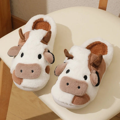 Cartoon Cow Plush House Slippers Warm Anti-Slip Indoor Shoes