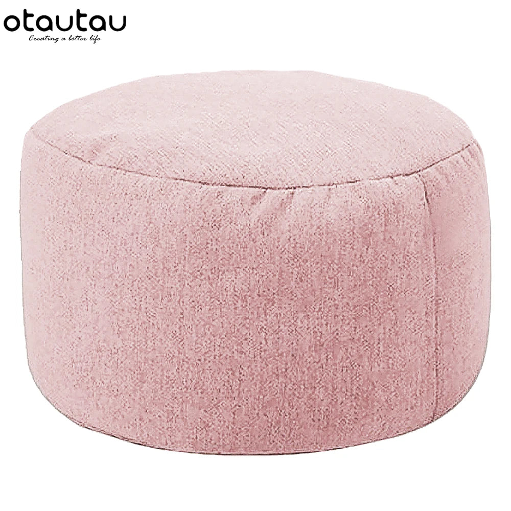 Round Linen Pouf Ottoman – Bean Bag Footstool Floor Cushion