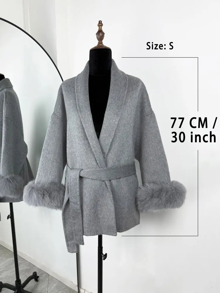Women's Wool Coat with Fox Fur Cuffs & Belt – Elegant Short Overcoat