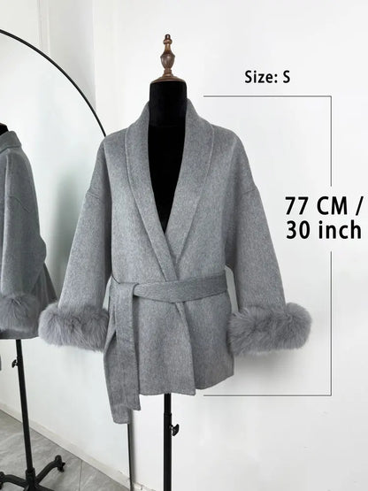 Women's Wool Coat with Fox Fur Cuffs & Belt – Elegant Short Overcoat